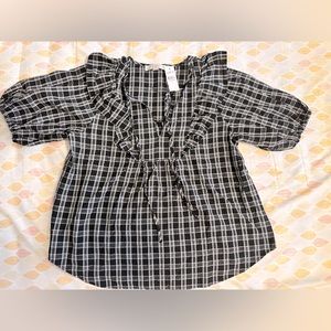 Casual Plaid Ruffle Bib Tie Neck Blouse